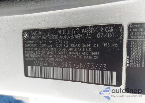 2001 BMW 5 Series 540Ia из США, поврежденный, VIN WBADN63431GM73773